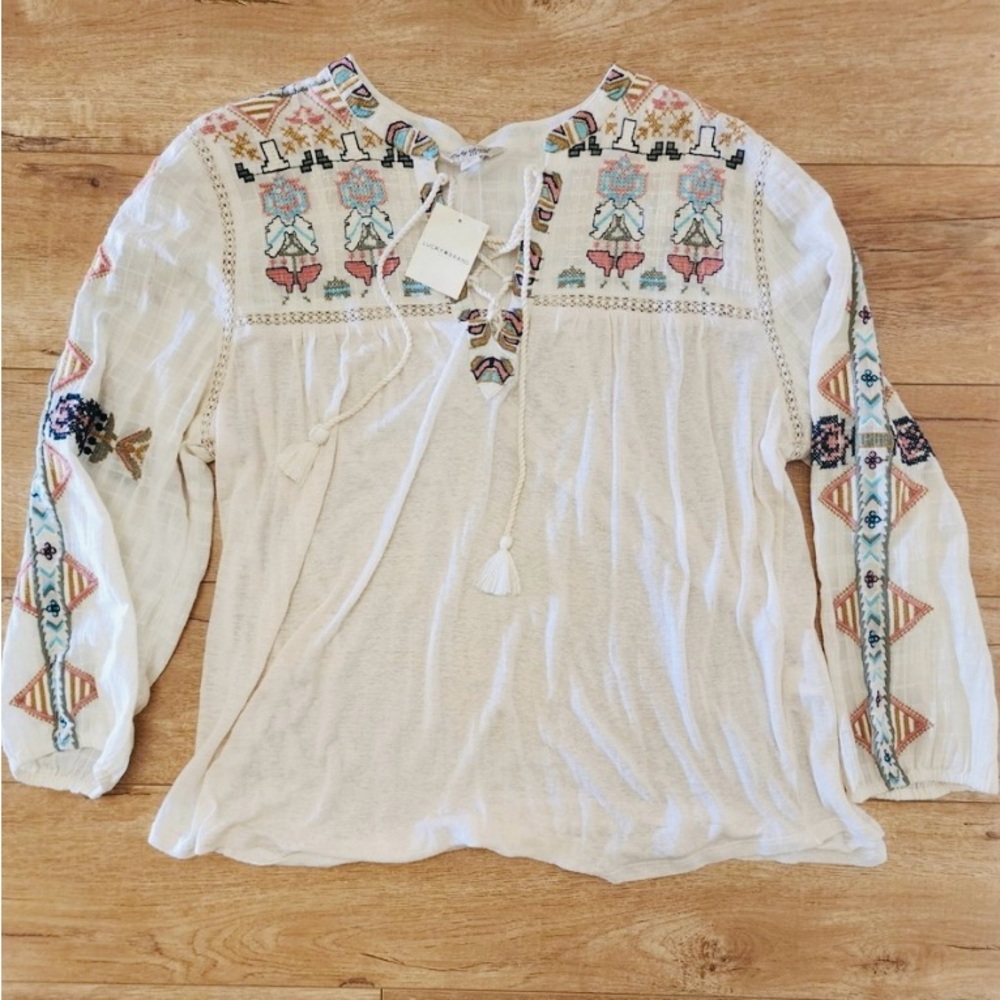 Lucky Brand Boho Lace-Up Embroidered Blouse Size XL - Picture 3 of 8